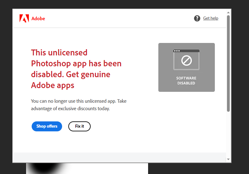 This Unlicensed Photoshop app has been disabled